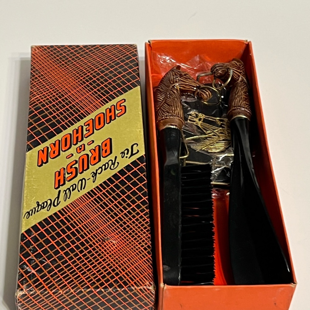 Vintage Tie Rack Wall Plaque Shoe Brush and Horn Set - Black and Brown